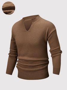 Men's Solid Notched Neck Pullover Ribbed Sweater, Regular Fit Casual Long Sleeve Jumper for Fall & Winter, Men's Knitwear for Daily Wear