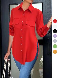 Women's Plain Button Front Split Hem Shirt, Casual Long Sleeve Collared Top for Spring & Fall, Summer Outfits 2024, Women's Clothing for Daily Wear