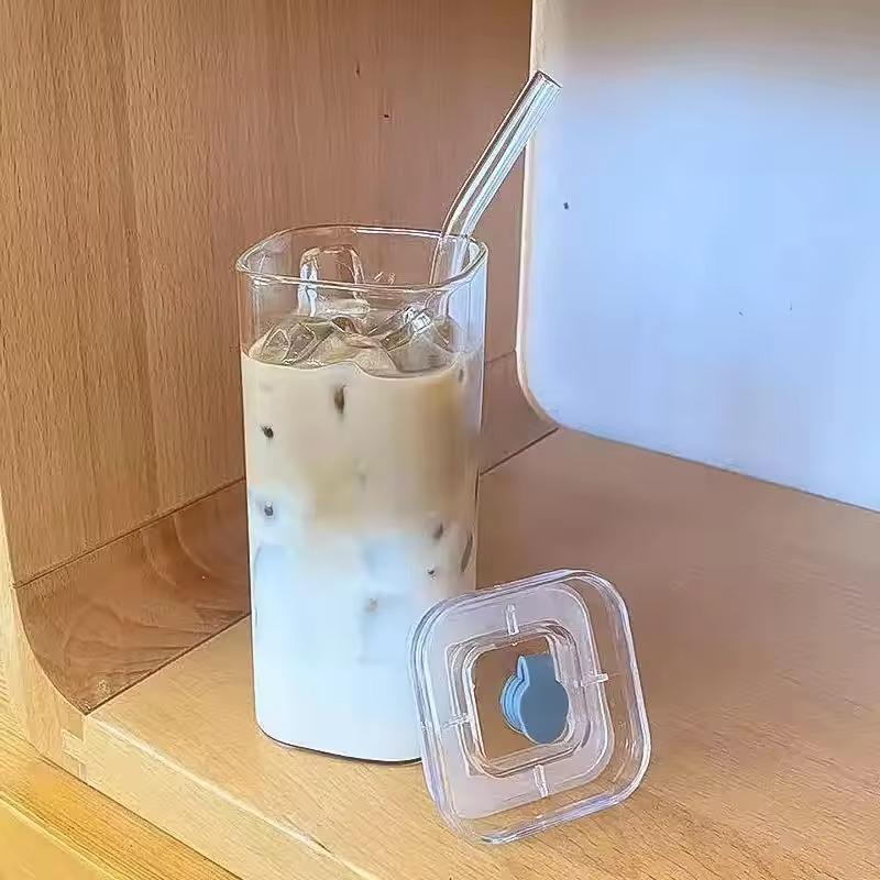 1Pcs Square Heat Resistant Coffee Glass Cup With Lid and Straw Transparent Milk Tea Juice Cups Coffee Mug For Home Bar Drinkware 4