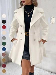 Women's Solid Double Button Pocket Overcoat, Chic Elegant Style Casual Fitted Long Sleeve Lapel Neck Outerwear for Fall & Winter, Women's Clothes for Daily Wear, Clothing for Women, Cute Tops, Jackets for Women, Tops Women, Longsleeves Womenswear