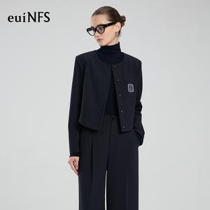 【euiNFS】Women’s Cropped Blazer Jacket | Minimalist Round-Neck Suit Jacket with Patch Pocket | Office Chic Short Blazer | Elegant Workwear Outerwear【E411019】