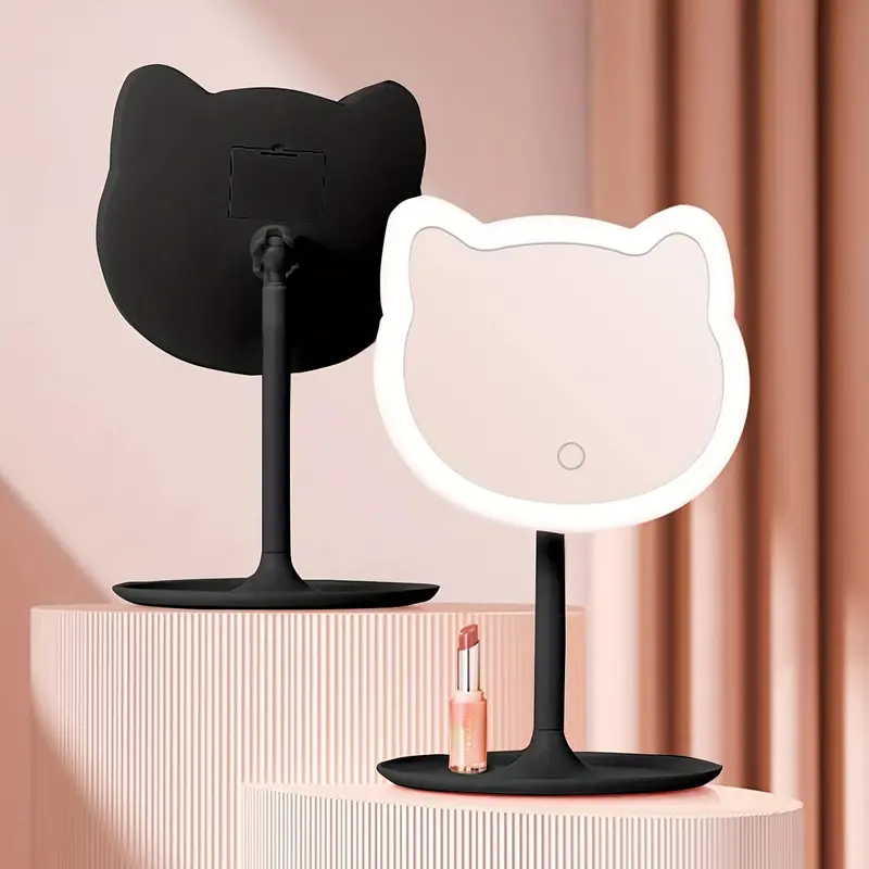 LED Vanity Makeup Mirror | Cat-Face Design with Pink Ears | Battery-Powered Lighting | Portable & Freestanding | Ideal for 3