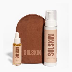 SOLSKIN Tan Mousse, Tan Drops and Velvet Tanning Mitt Bundle | Deep Golden Full Body Tan, Custom Face Glow and Streak Free Application | Hydrating, Sensitive Skin Safe, Vegan and Non Comedogenic