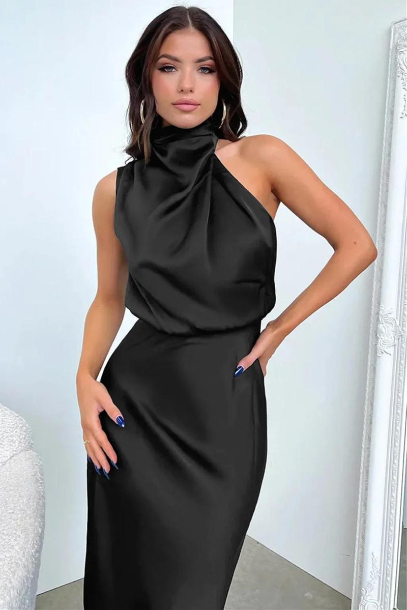 Product Introduction of 2025 Spring/Summer Long Dress for Women High Waist Halter Satin Sleeveless Dress Fashion Elegant Solid Evening Party Dresses 14
