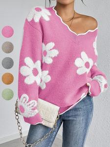 Women's Floral Pattern Scallop Trim Drop Shoulder Sweater, Casual Long Sleeve V Neck Jumper for Fall & Winter, Fashion Ladies' Knitwear for Daily Wear