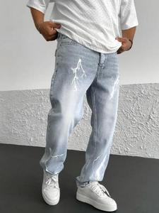 Men's Graphic Print Straight Leg Jeans, Fashion Casual Jeans, Loose Casual Comfy Denim Pants for Daily Wear, Woven Bottoms for All Seasons