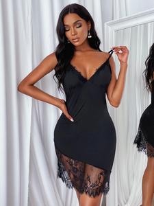 Women's Asymmetrical Contrast Lace Cami Nightdress, Summer Clothes Women, Solid Backless Pj Nightgown Nighties, Sleepwear for Ladies, House Dress, Dresses for Women, Womens Clothes, Summer Wear 2024