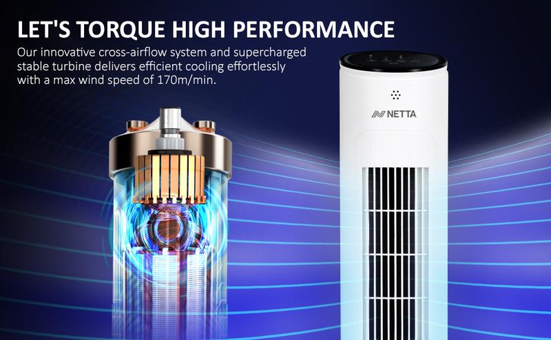 Product Introduction of Tall Tower Fan 42 Inch, Quiet Bladeless Tall Fan,7 Hour Timer with Remote Control, Oscillation, LED Touch Display, 3 Modes & 3 Speed Settings for Home & Office - White 0