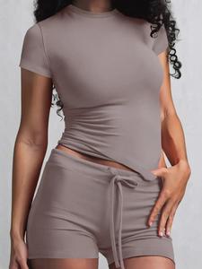 Women's Solid Color Modal Loungewear Two-piece Set, Casual Comfy Slim Fit Short Sleeve Round Neck Tee & Drawstring Waist Shorts Pj Set, Ladies Sleepwear for All Seasons, Womenswear, Basic Shortsleeve Homewear, Summer Sleep Set