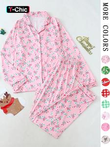 【Christmas Pajamas】Two-Piece Matching Set Women's Bow Print Button Front Lapel Shirt & Pants Pyjama, Casual Comfy Long Sleeve Collared Pocket Top & Trousers Pj Set, Women's Sleepwear & Loungewear for Fall
