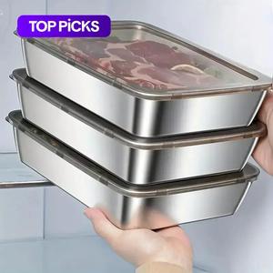 Stainless Steel Food Storage Box, 3/6 Counts Durable Food Storage Containers Tray with Lid, Stackable Airtight Kitchen Freezer Organizer for Meat, Vegetable, Fruit #TOP PICKS