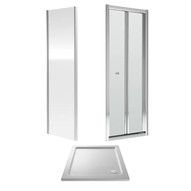 6mm Toughened Safety Glass Bi-Fold Shower Door, Side Panel and Shower Tray - 760 x 760 x 1900mm - Chrome Frame - White Tray 0