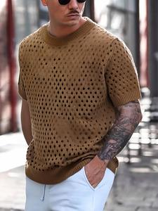 Men's Solid Hollow Out Round Neck Sweater, Loose Casual Fashion Crew Neck Short Sleeve Jumper for Summer, Fashion Men's Knitwear for Daily Wear, Tops