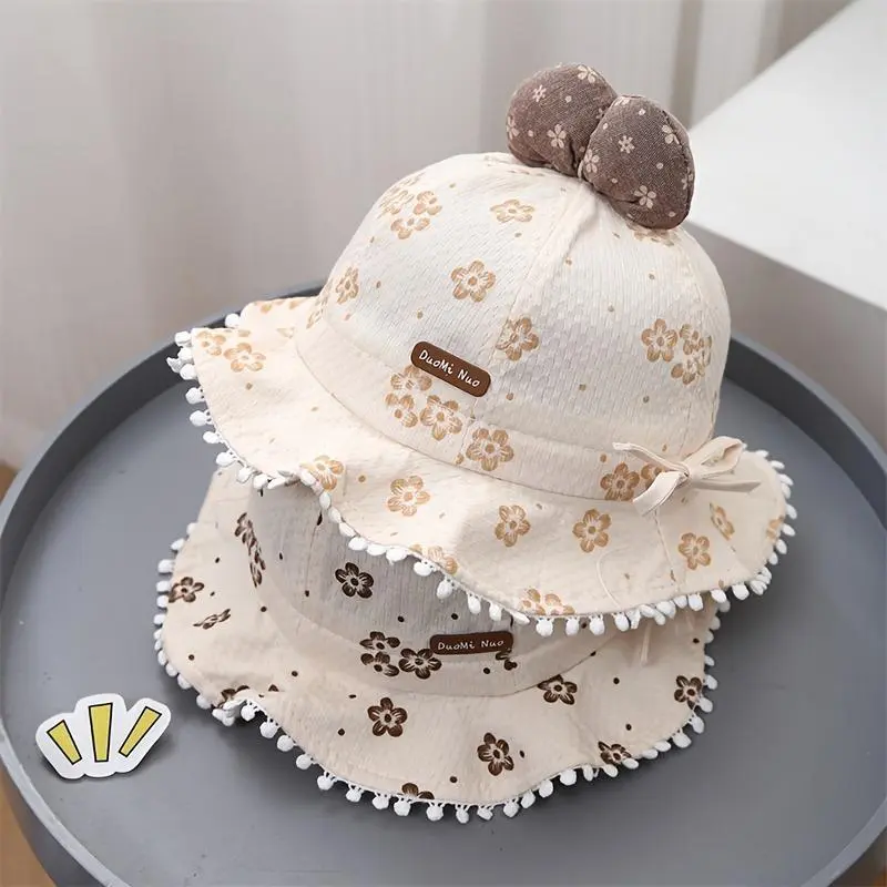 Youngsters's hat spring and summer Korean style pull cord boy/girl fisherman hat, bow lace princess bucket hat, beach hat, cute and adorable sun protection windproof hat with adjustable size 0