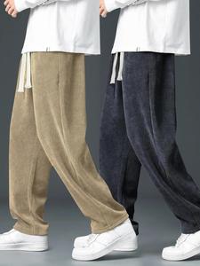 Men's Solid Drawstring Waist Corduroy Pants, Casual Comfy Straight Leg Trousers for Fall & Winter, Men's Bottoms for Daily Wear