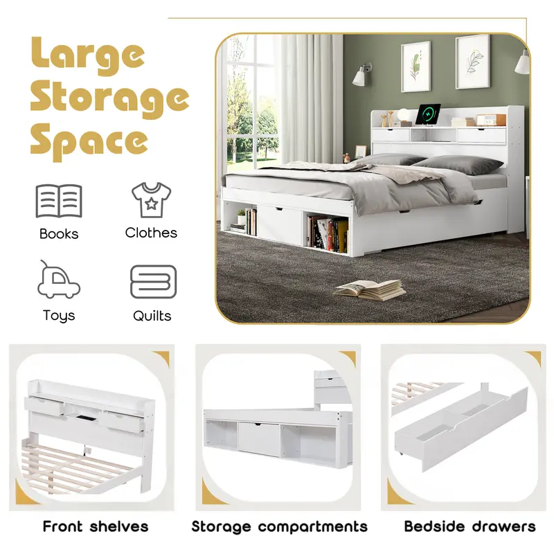 Double bed, Double Bed-4ft6(135*190cm), With USB port & drawers & storage cabinet, Children's bed, Youth bed, Multifunctional bed, Large storage space, without mattress, white 5