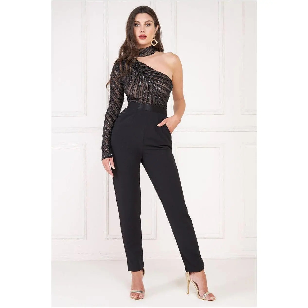 Goddiva One Shoulder Sequin Jumpsuit - Black