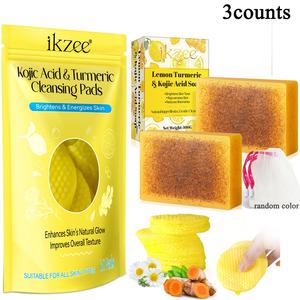 Kojic Acid & Turmeric Cleansing Pads & Facial Brightening Soap Set, 2 Counts Natural Ingredient Gentle Cleansing Soap & 60pcs Cleansing Pads, Deep Pore Cleaning, Skin Care Product for Face & Body, Facial Cleansers
