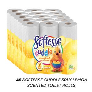 SOFTESSE Cuddle 45 Toilet Rolls, LEMON SCENTED, 3 Ply, YELLOW, 5x9pk - Sheets, Lightweight Tissue Towel - Panda Cuddle