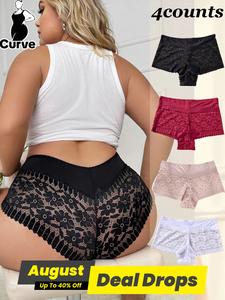 【Plus Size】 Contrast Floral Lace Boxer Brief, Soft Comfy Breathable Knicker for Daily Wear, Women's Underwear for All Seasons, Aesthetics Panties