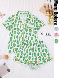 Two-Piece Set Women's All Over Cactus Print Short Sleeve Pajama, Casual Comfy Button Up Shirt & Elastic Waist Shorts Set, Ladies Sleepwear for All Seasons