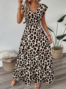 Women's Leopard Print Ruffle Hem Shirred Long Dress, Casual Butterfly Sleeve V Neck Dress for Summer, Ladies Clothes for Beach Holiday