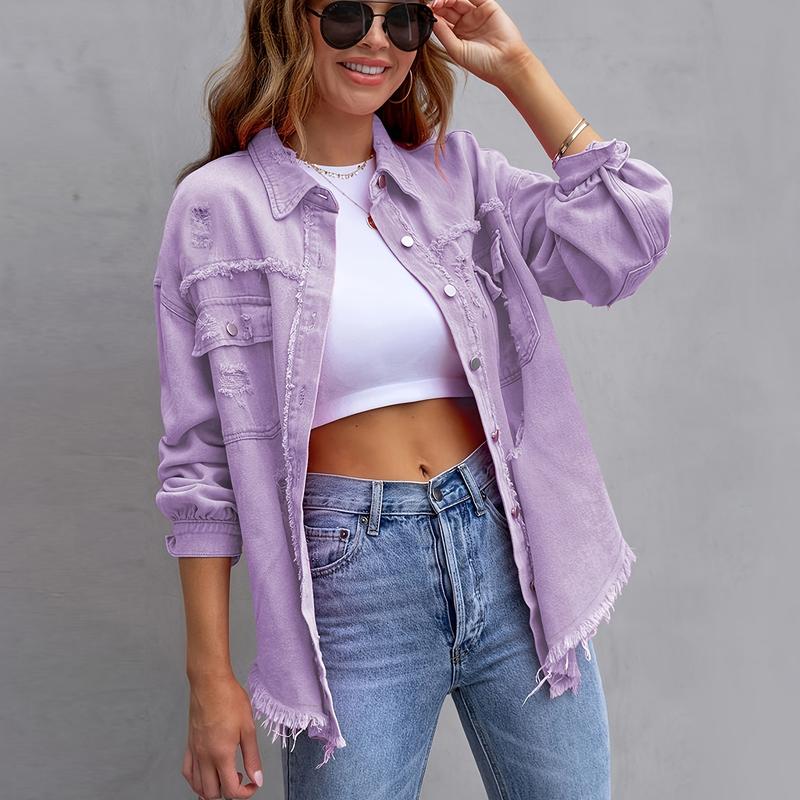2025 New Denim Jacket Women's Solid Color Loose Jacket Ripped Long Sleeve Women's Denim Shirt Hot Selling 3