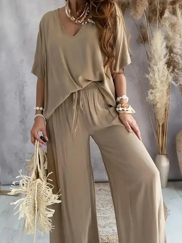 Elegant Two-Piece Lounge Set-Women's Solid Color V-Neck Half Sleeve Top Wide Leg Pants, Soft Breathable Fabric, Loose Fit, Effortless Chic, Comfortable Stylish Daily Wear Travel Office Loungewear Casual Outings & Vacation Perfect Gift for Women Daily Wear 4