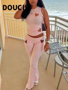 DOUCIU Basic Solid Color Simple Sports Leisure Thin Cool Women'S Love Hollow Sleeveless Vest Trousers Two-Piece Set