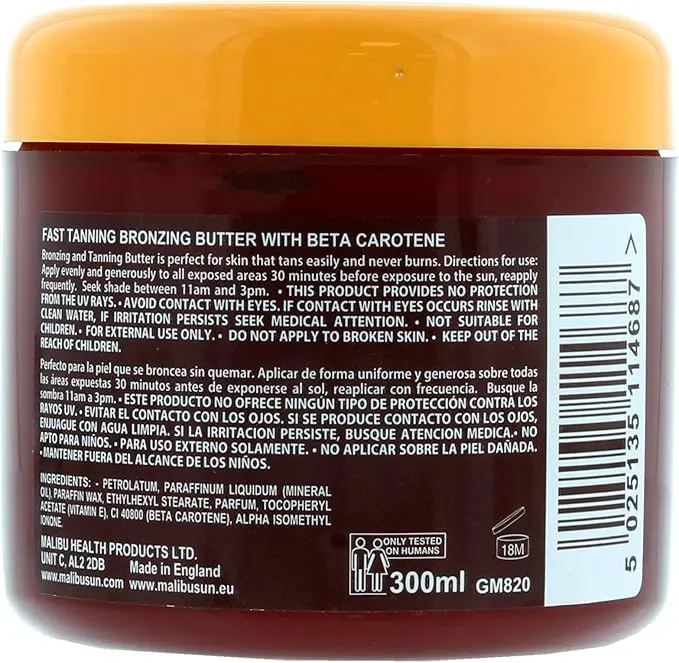 Malibu Sun Bronzing Fast Tanning Body Butter with Beta Carotene, Tropical Coconut Fragrance, 300ml - Deep Tan Accelerator, Water Resistant Moisturizer - Comfort 1
