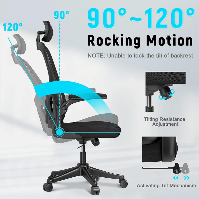 naspaluro Office Desk Chair with Flip-Up Armrest High Back Ergonomic Computer Chair with Adjustable Headrest and Lumbar Support Executive Swivel Chair for Home and Office - Black 5