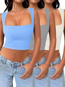 Women's Solid Square Neck Sports Vest, Comfy Seamless Sports Crop Top for Yoga Gym Tennis Pickleball, Summer Tops, Workout Summer Clothes, Activewear, Casual Workout Tops, Breathable Sports Top, Athletic Top, Gymclothes, Gym Clothing