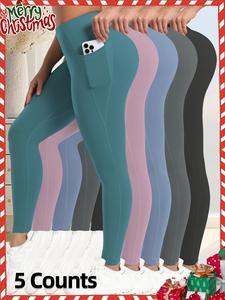 Women's Solid Color High Waist Sports Leggings, High Stretch Tight-fitting Breathable Comfortable Pocket Skinny Pants,  Ladies Sportswear for Indoor Outdoor Wear