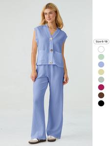 Two-Piece Set Women's Solid Button Decor V Neck Tank Top & Wide Leg Pants, Casual Sleeveless Top & Trousers for Summer, Ladies Clothes for Daily Wear, Suits