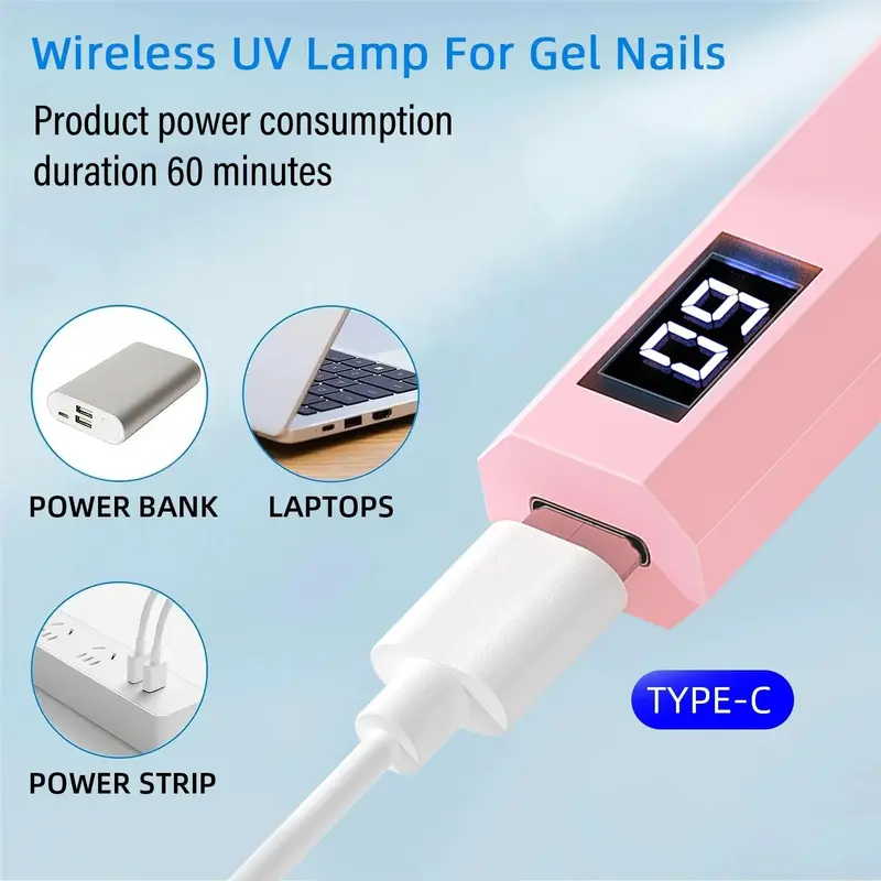 YIKOOLIN Convenient Handheld Nail Dryer Lamp UV/LED Nail Curing All Gel Polish Nail Art Tool USB Rechargeabl Quick Dry Nail Lamp Pink Display 4