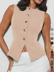 Women's Solid Color Button Front Suit Vest, Elegant Fashion Casual Sleeveless Blazer Vest for Work Office Business, Ladies Spring & Fall Clothes, Womenswear, Formal Workwear, Business Attire Clothes, Apricot Color
