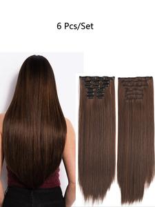 6pcs/set 24 Inch Long Straight Synthetic Hair Extension, Clip-in Hair Extensions For Women, Natural Fluffy Hair Extensions for Daily & Party Hairstyle Decoration