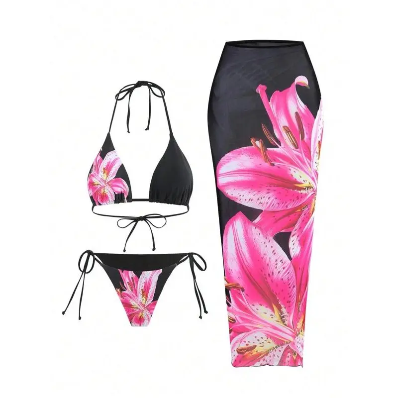 Three-piece Set Women's Floral Print Halter Bikini Set, Chic Tie Back Triangle Swim Bra & Tie Side Swim Panty & Cover Up Skirt Set, Fashion Swimwear Set for Beach Holiday Vacation, Y2k Bathing Suit