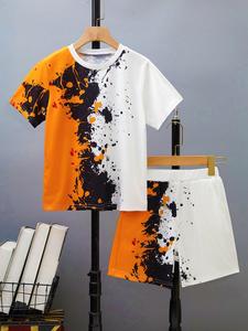 Boy's Colorblock Print Two-piece Set, Casual Short Sleeve Round Neck Tee & Elastic Waist Pocket Shorts Set, Kids Clothes, Summer Outfits 2024
