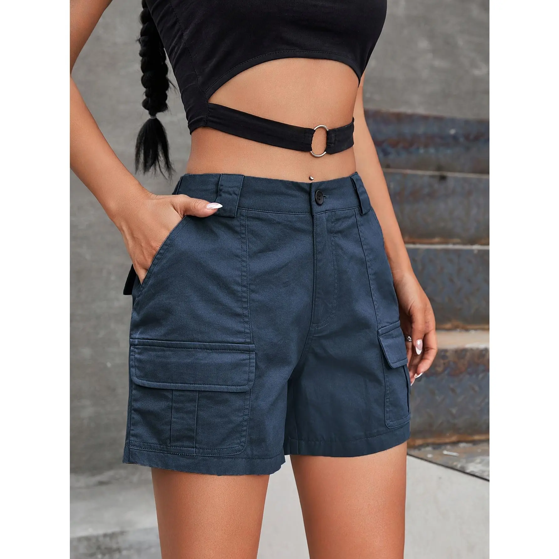 Women's High-Waist Cargo Shorts - Casual Solid Color, Non-Stretch Polyester, Machine Washable - Perfect for Summer