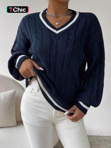 Women's Contrast Binding Drop Shoulder Sweater, Casual V Neck Cable Knit Jumper for Fall & Winter, Fashion Women's Knitwear for Daily Wear, Tops