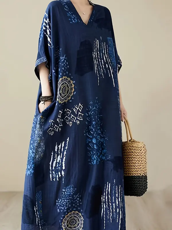 Elegant Plus Size V-Neck Kaftan Dress Gown - 100% Viscose Non-Stretch Fabric, Short Sleeve, Casual Pockets, All-Season, Woven Dressing Gown for Women 6