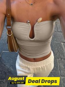 Women's Solid Color Cut Out Crop Skinny Tube Top, Minimalist Casual Sleeveless Cropped Top for Summer, Fashion Women's Apricot Top for Daily Wear, Womenswear, Backless Tops