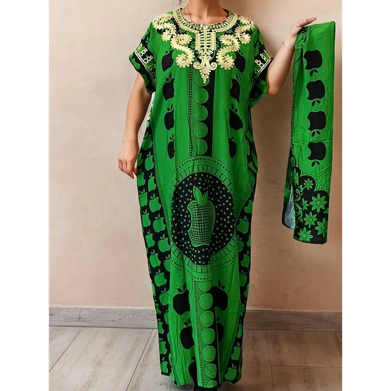 Elegant Plus Size Floral Print Kaftan - Breathable Polyester Round Neck Short Sleeve Maxi Dress for Women - Machine Washable, Perfect for Ramadan & All Seasons 8
