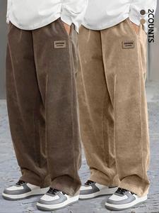 Men's Letter Print Corduroy Pants, Casual Comfy Loose Straight Leg Trousers for Daily Wear, Woven Bottoms for All Seasons