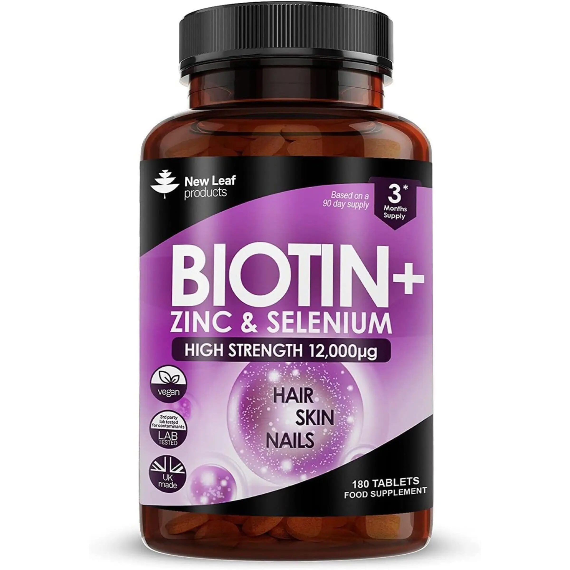 Biotin Hair Growth Vitamins 12,000mcg D-Biotin Tablets Enriched with Zinc & Selenium –Vegan Hair Skin & Nails Vitamins for Women and Men