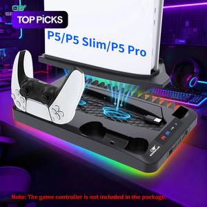 GAMINJA P58 Charging Base Cooling Bracket Compatible With PS5 Console, Vertical Stand Cooling Fan, Multi-functional Cooling & Charging Station Cooling Strong Airflow for PS5 Slim Pro All Model Universal
