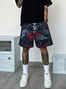 Men's Skull Graphic Print Drawstring Waist Shorts, Regular Fit Street Fashion Casual Breathable Comfortable Pocket Beach Shorts for Summer, Trendy Men's Bottoms for Daily Wear