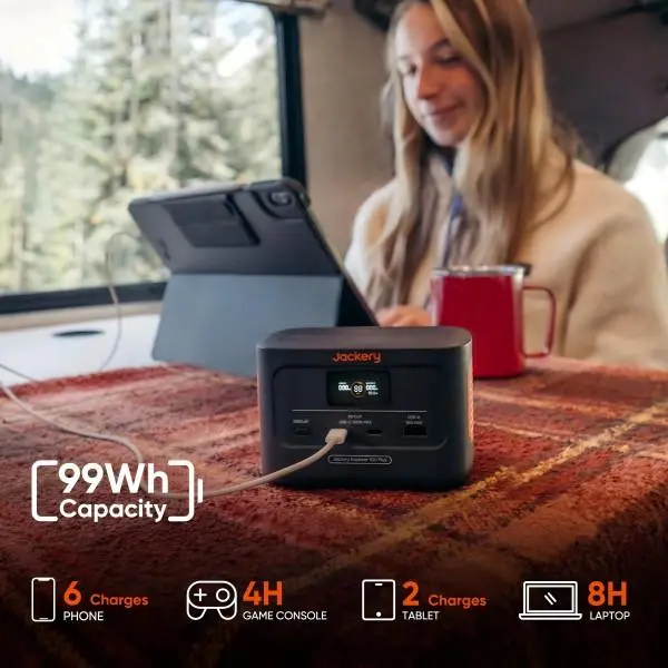 Jackery Explorer 100 Plus Portable Power Station with 40W Mini Book-sized Solar Panel, 99Wh/31000mAh LiFePO4 Battery, 128W Output Backup Power Supply for Outdoor Camping, Travel, Emergency, Home & Business Use, Palm-sized & Faster Charging 5