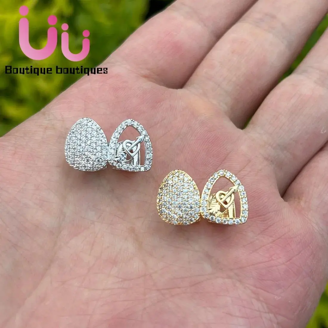 2025 new [Hip hop!] Fashion Double Hollow CZ Stone Heart Teeth Grillz Hip Hop 14K Gold Plated Cubic Zircon Tooth Caps For Women Men Jewelry (Holiday Gifts)